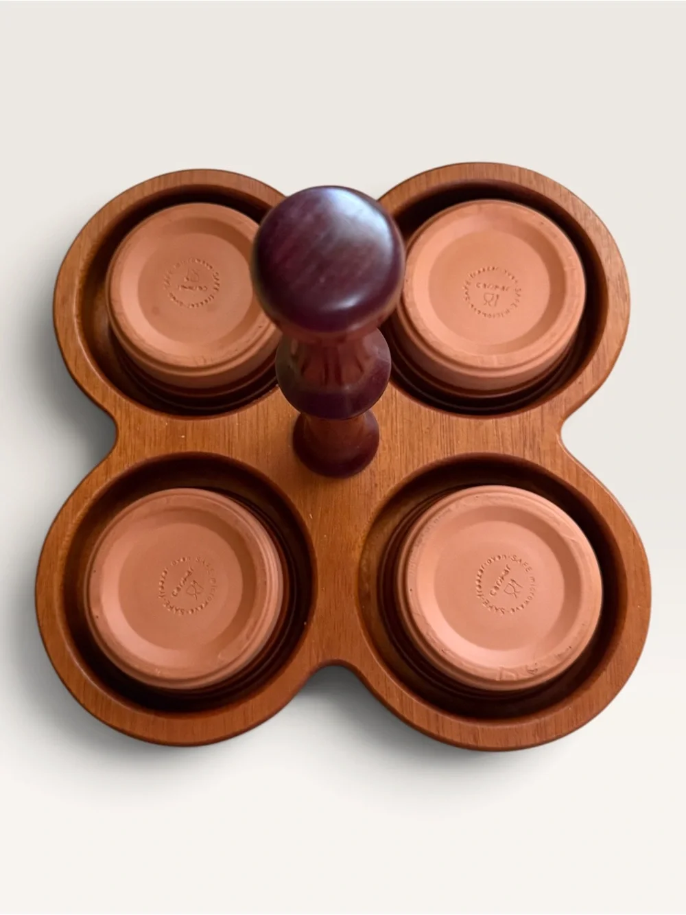 Wooden Four-Bowl Condiment Caddy Featuring Brown Ceramic Insert Dishes